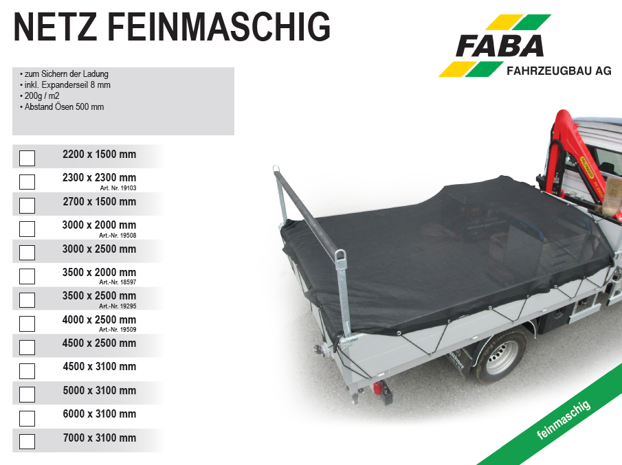 Ladungssicherungsnetz feinmaschig L=3000mm B=2500m, Netze - FABA  Fahrzeugbau AG